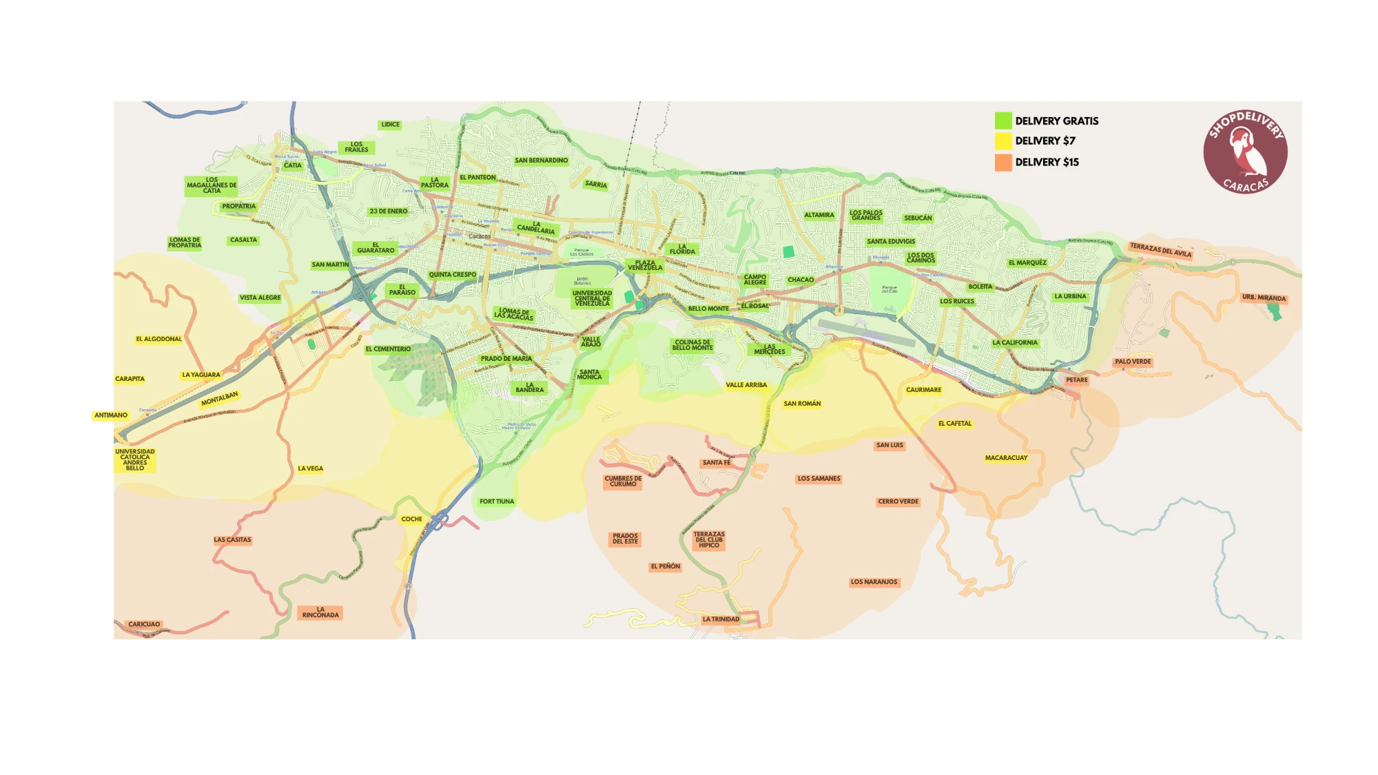 Mapa de Caracas con las zonas de delivery: gratis en la zona central, $7 y $15 en zonas más alejadas